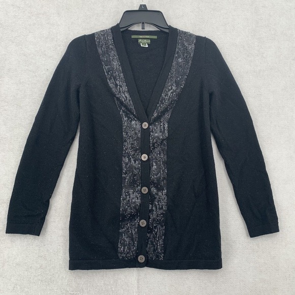 Eddie Bauer Merino Wool Button Cardigan Dark‎ Academia Black Blouse sweater S - Picture 1 of 6